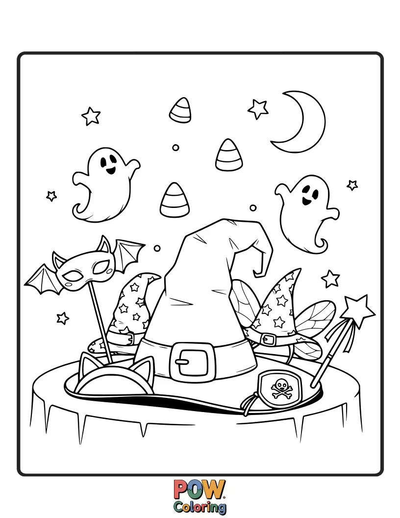 Free coloring page of A witch has arrived at a costume party dressed as a giant rubber chicken. Her potion ingredients are spilling out of her oversized purse.