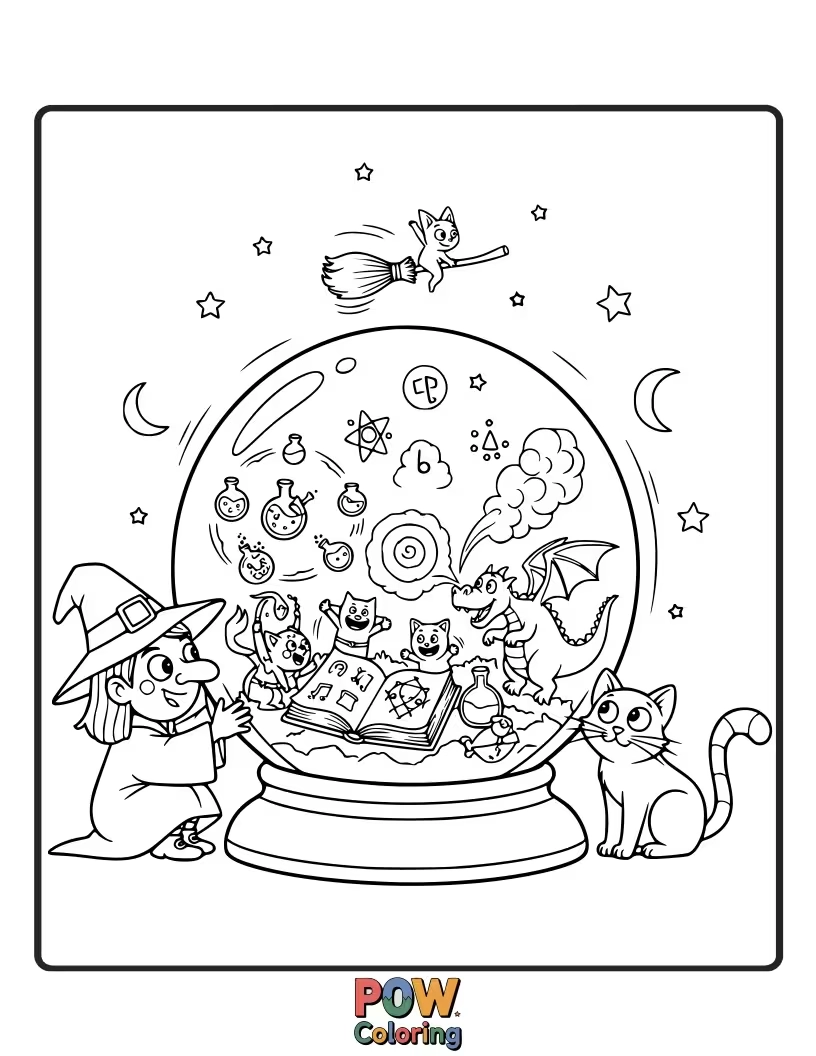 Free coloring page of A witch's crystal ball is showing a chaotic montage of all her past magical blunders, from exploding potions to turning herself green.