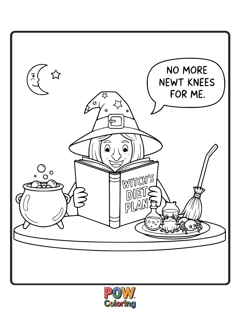 Free coloring page of A witch is reluctantly eating a salad of glowing mushrooms and eyeballs, looking completely disgusted. Her favorite candy is just out of reach.