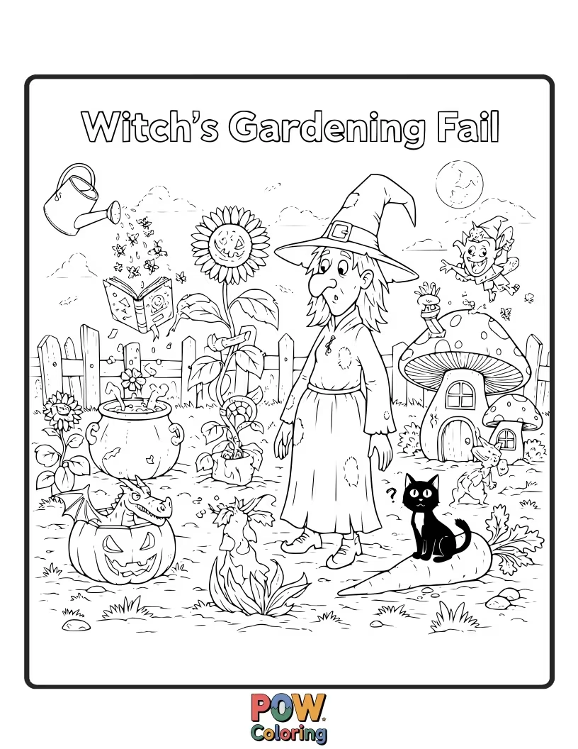Free coloring page of A witch is attempting to grow magical singing pumpkins, but they've all sprouted legs and are running away from her watering can.