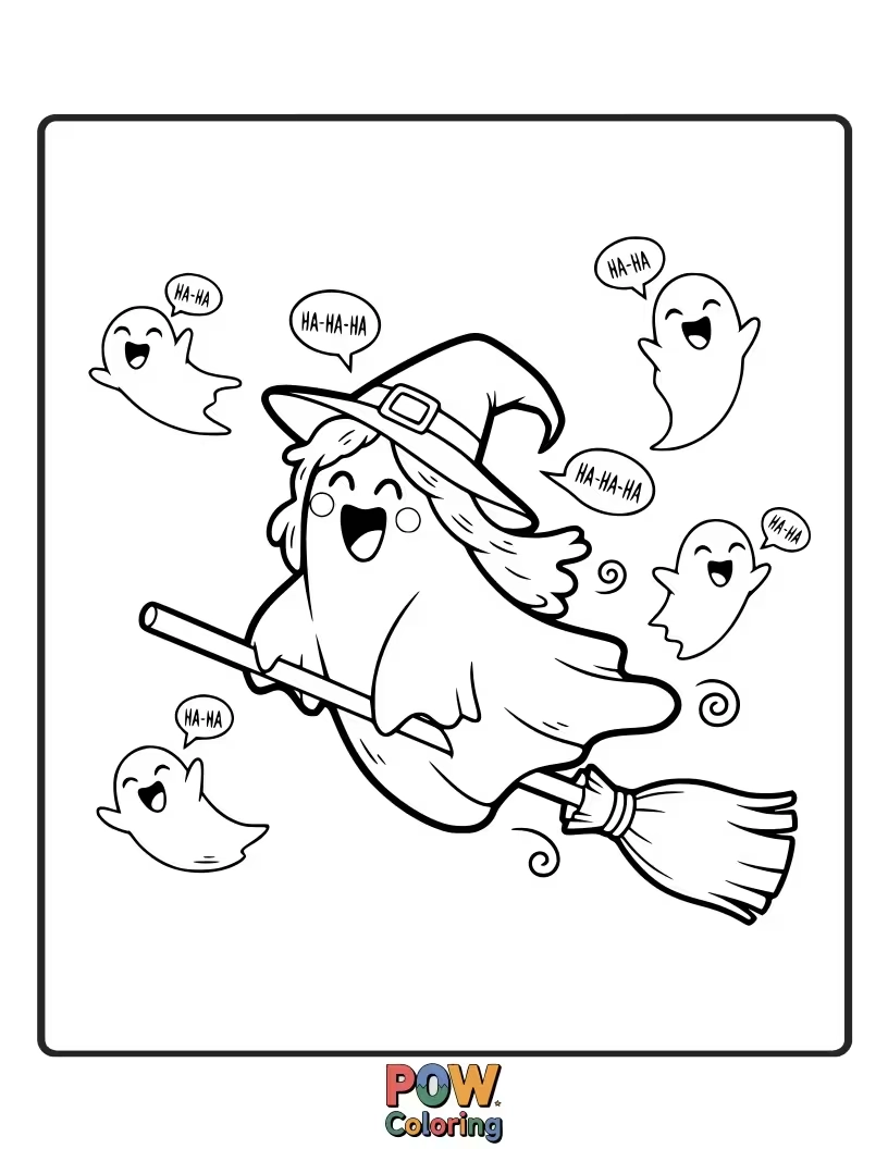 Free coloring page of A witch is trying to look scary, but she's giggling uncontrollably as a friendly ghost tickles her nose with a feather.