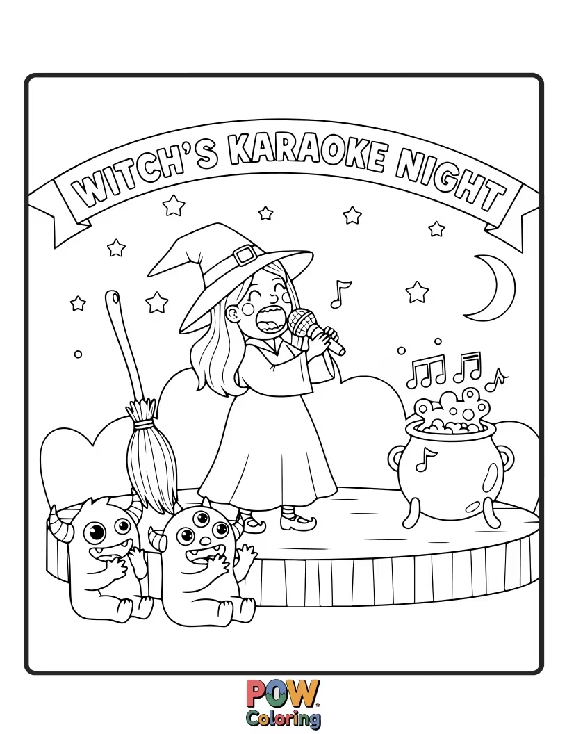 Free coloring page of A witch is belting out a hauntingly off-key tune at a karaoke bar, her familiar cowering in the corner. The microphone is sparking.