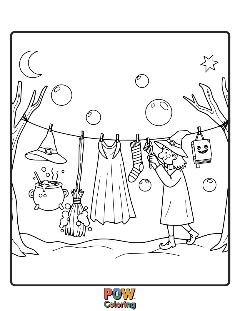 Free coloring page of A witch is desperately trying to dry her oversized, lacy undergarments using a spell that emits tiny lightning bolts. Sparks fly everywhere!