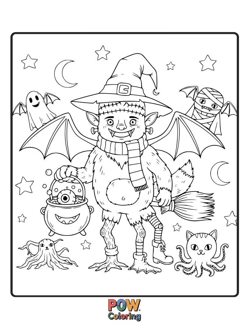 Free coloring page of A witch has created a creature by combining parts of a Frankenstein monster and a fluffy unicorn. It has a scary face and a sparkly horn.
