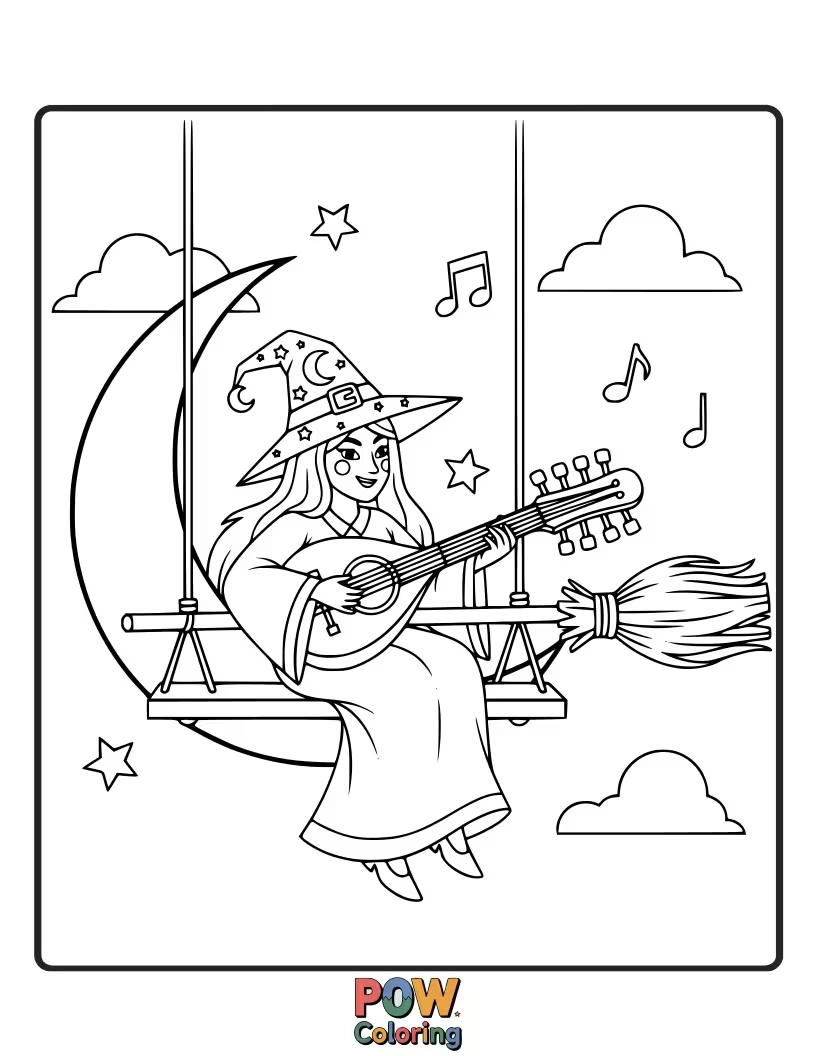Free coloring page of This witch is enthusiastically playing a ghostly saxophone, much to the annoyance of her bat familiars who are covering their ears.