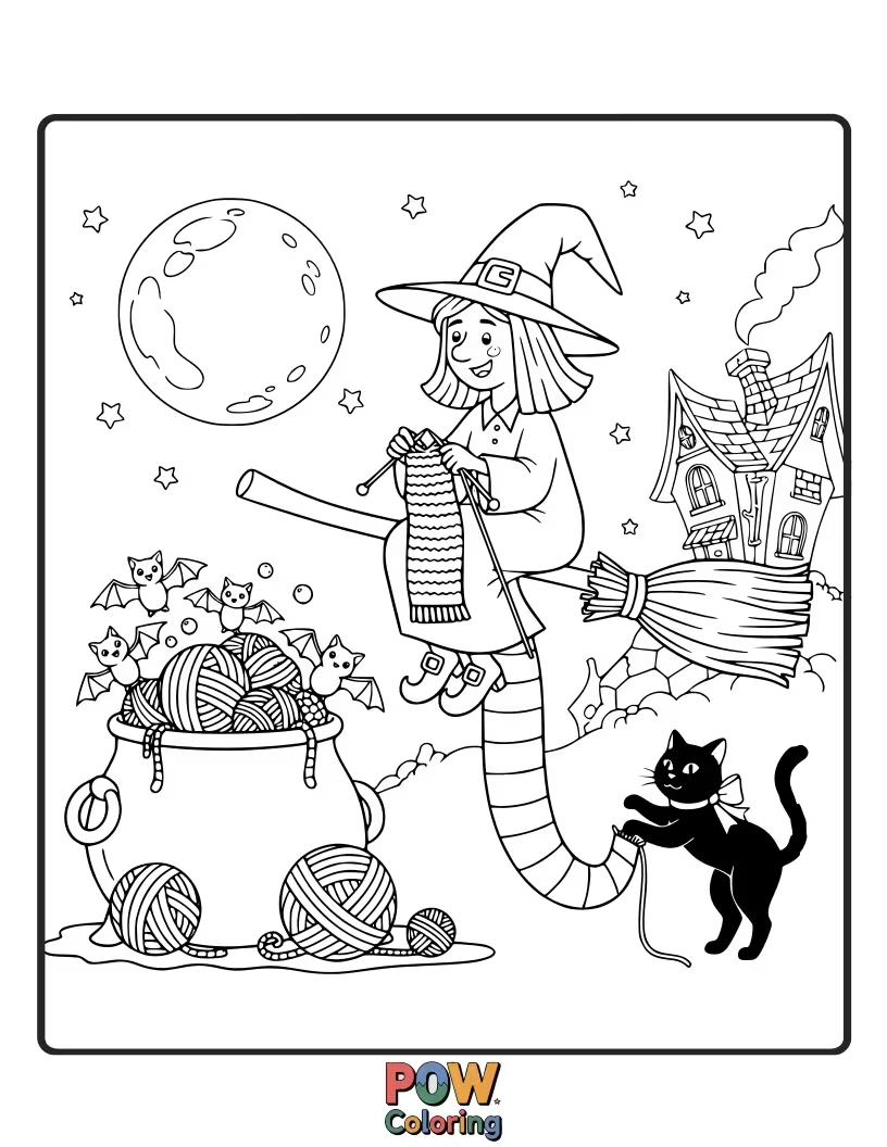 Free coloring page of This witch has traded her cauldron for a knitting needle, attempting to knit a scarf for her giant spider familiar. The yarn is enormous.