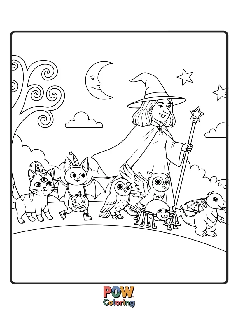 Free coloring page of This witch is proudly parading a menagerie of unusual pets: a three-headed dog, a dragon wearing a tiny crown, and a disco-ball squirrel.