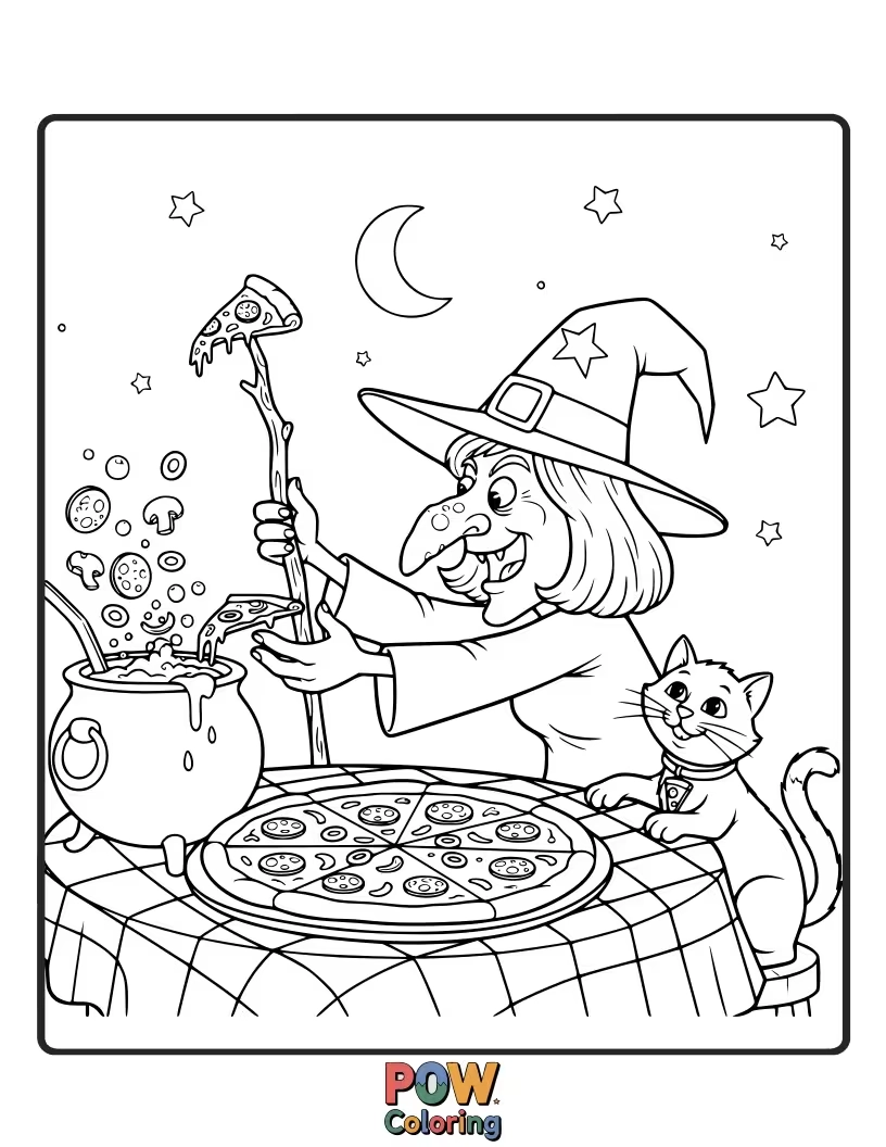 Free coloring page of A witch, usually seen with cauldrons, is now happily devouring a giant, magically levitating pizza. Her pointy hat is tilted precariously.
