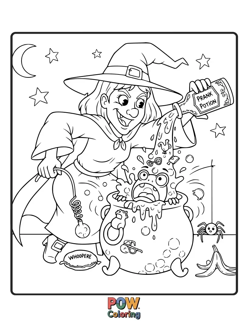 Free coloring page of A witch accidentally makes a bubbling potion that floats away like a fizzy drink.