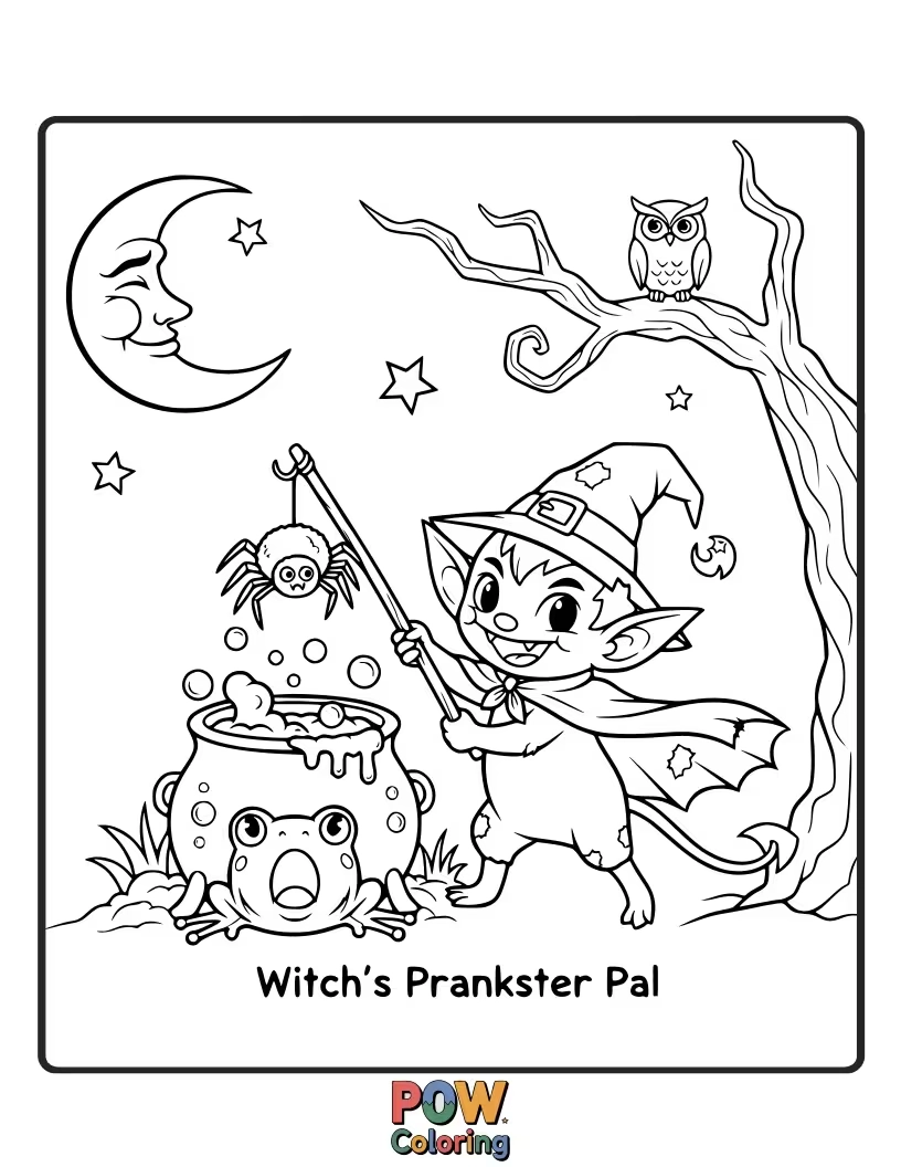Free coloring page of A mischievous pixie has tied a witch's shoelaces together while she's trying to levitate. She's about to fall face-first into her potion!
