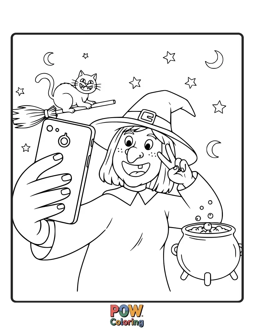 Free coloring page of A witch is hilariously attempting to take a selfie with her familiar, a grumpy-looking black cat. The cat is clearly unimpressed by her efforts.