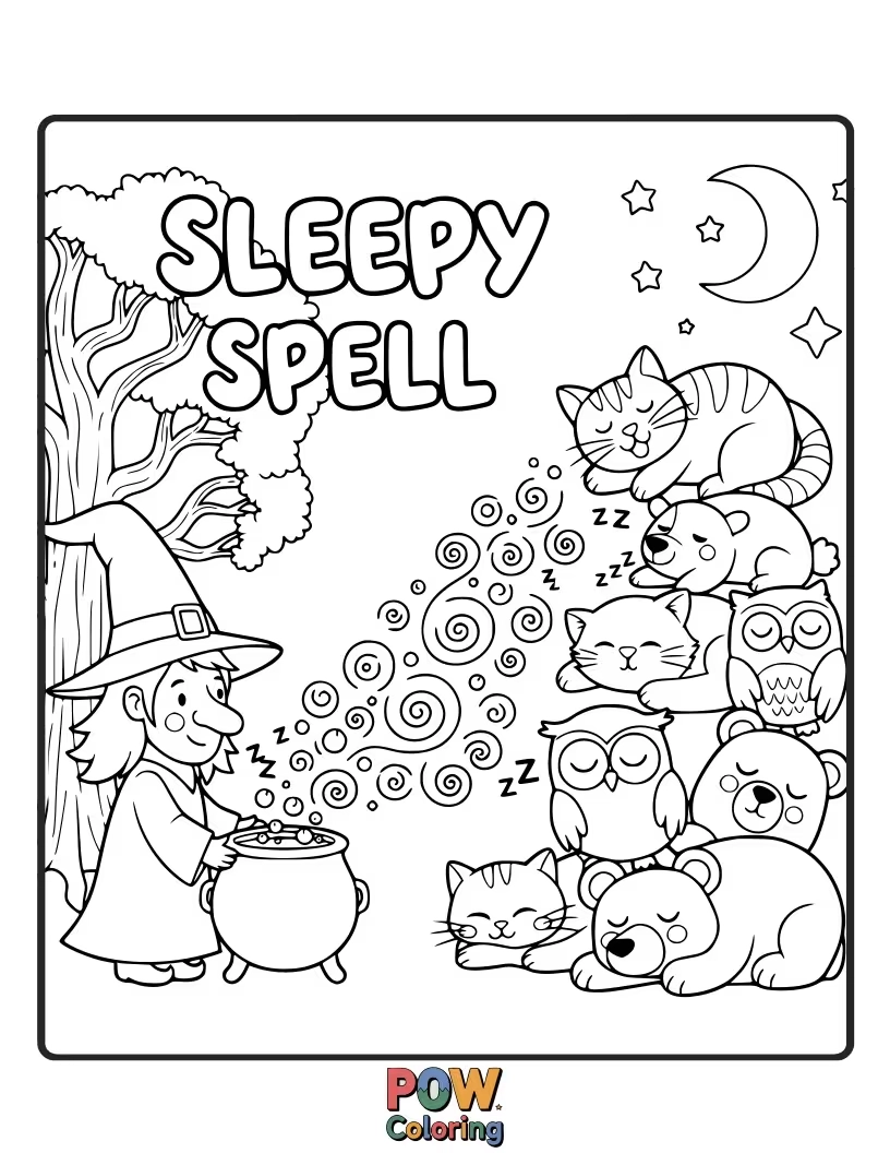 Free coloring page of A witch has accidentally cast a powerful sleeping spell on herself. She's snoozing soundly amidst a pile of spellbooks and potion ingredients.