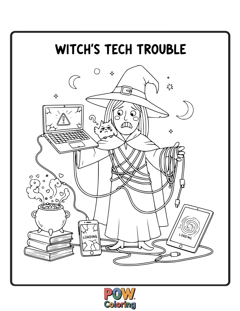 Free coloring page of This modern witch is struggling to use a smartphone for spellcasting. She's accidentally dialed her grandmother instead of the demon overlord.