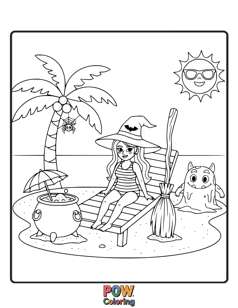 Free coloring page of This witch is trying to book a tropical getaway, but her crystal ball keeps showing images of her overflowing cauldron and dusty spellbooks.