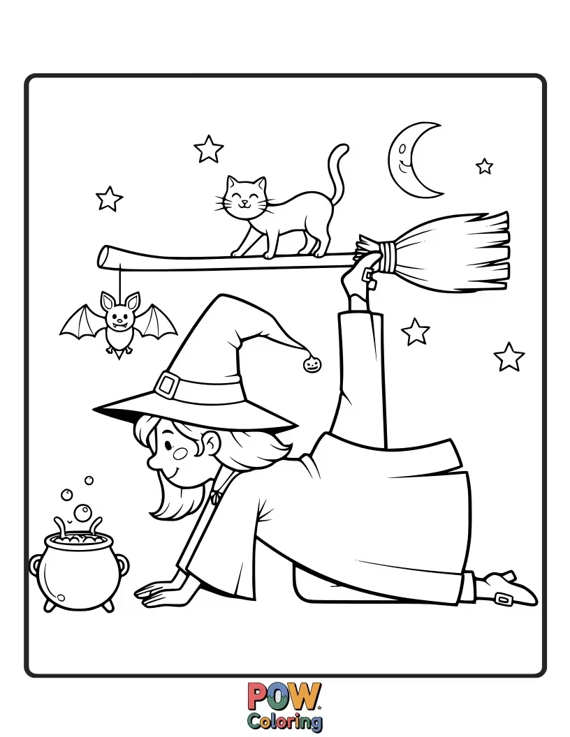 Free coloring page of This witch is attempting a complicated yoga pose on her broomstick, wobbling precariously. Her spellbook lies open for reference, but it's not helping.