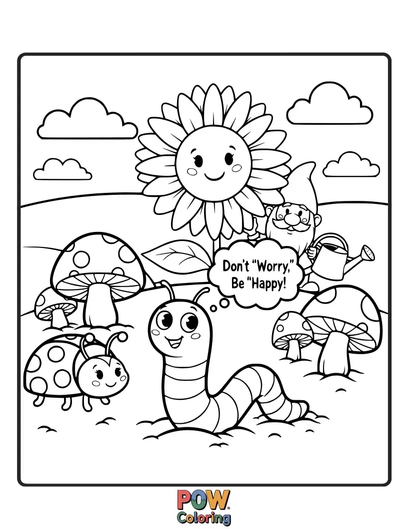 Free coloring page of A wise-looking worm wearing spectacles, sharing gardening tips with a group of attentive ladybugs and beetles.