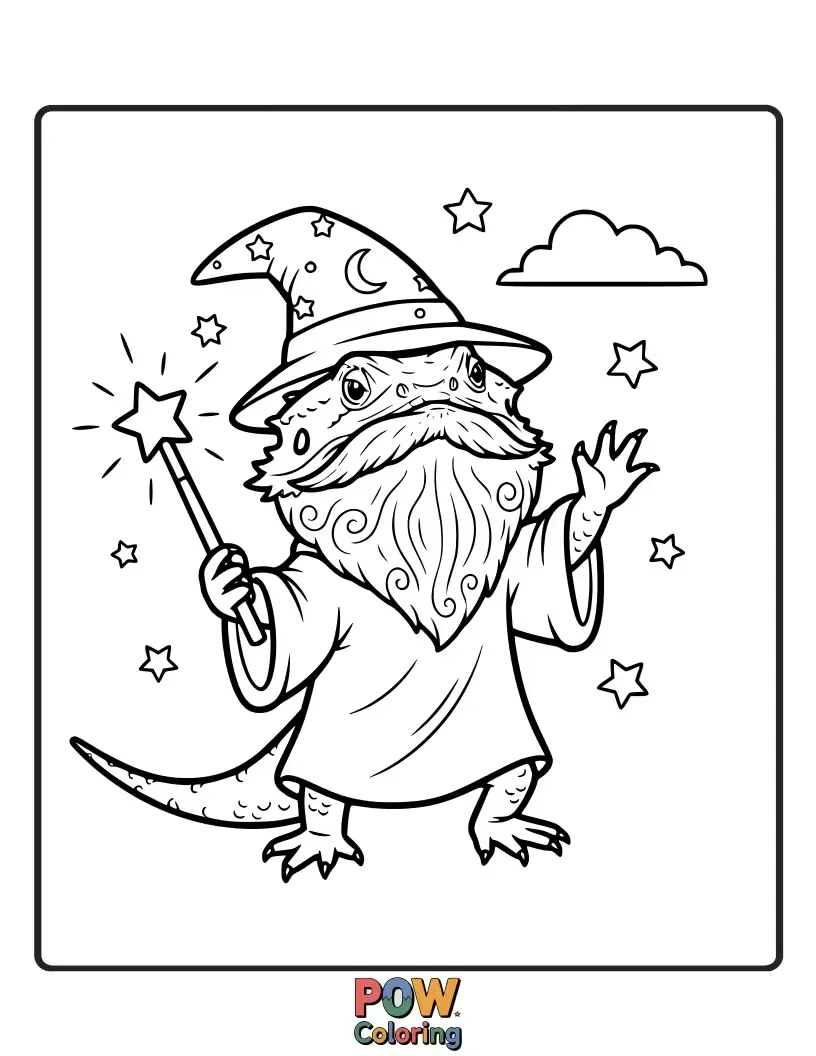 Free coloring page of A wise bearded dragon lizard with a pointed hat and robe, conjuring magical sparkles.