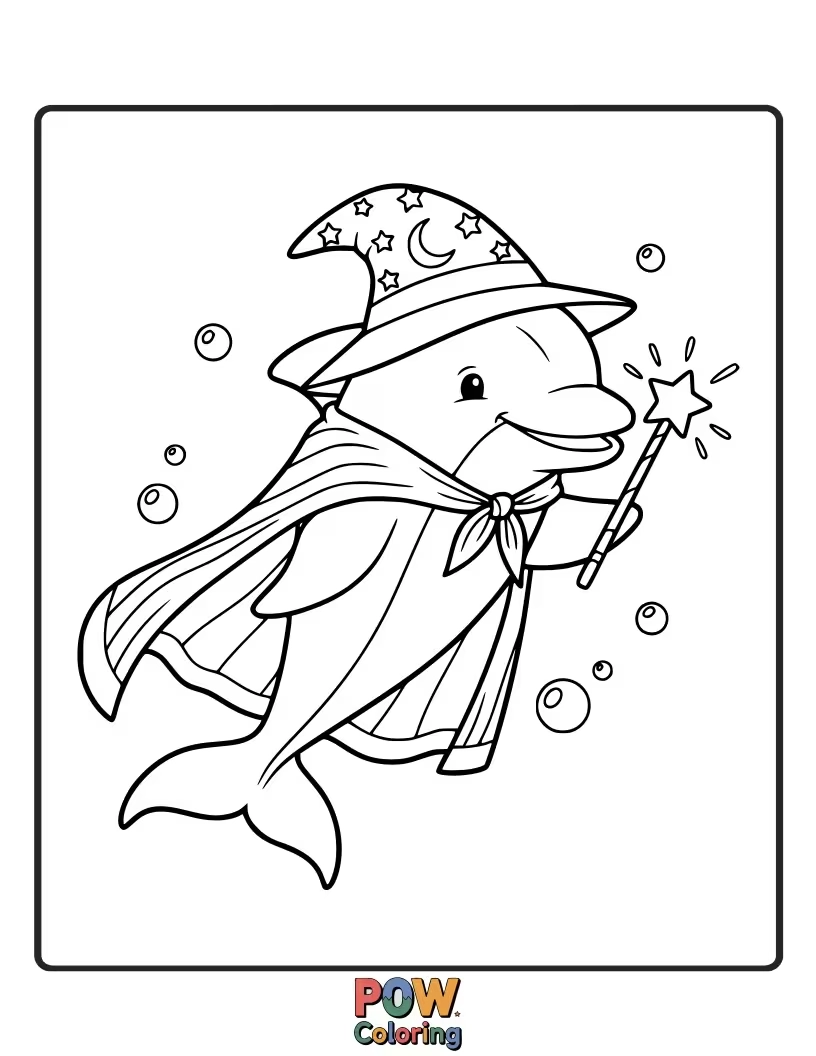 Free coloring page of With a pointed hat and a magical wand, this dolphin is ready to cast spells.