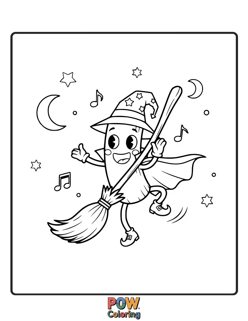 Free coloring page of A wizard's broomstick has come to life and is doing a joyful jig around his study.
