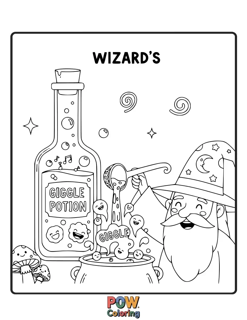 Free coloring page of A wizard has brewed a potion that makes everything around him giggle uncontrollably, including his beard.