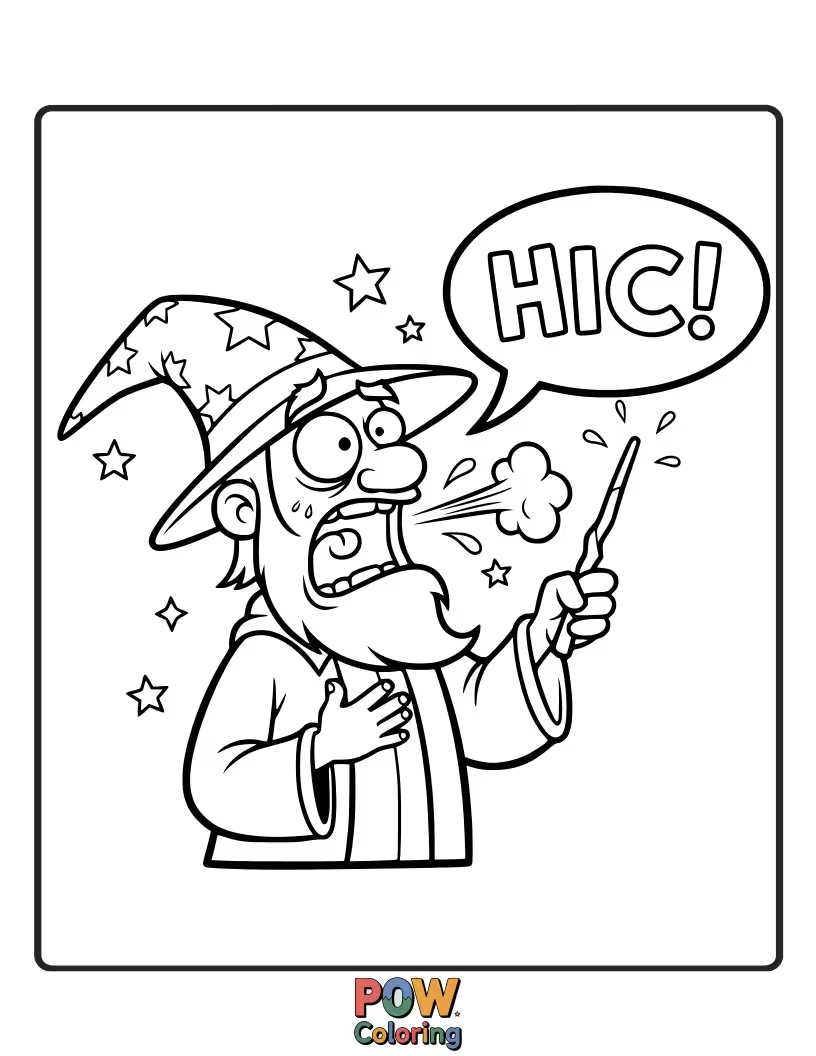 Free coloring page of A wizard is trying to cast a spell but keeps hiccuping, causing little sparks to fly randomly.