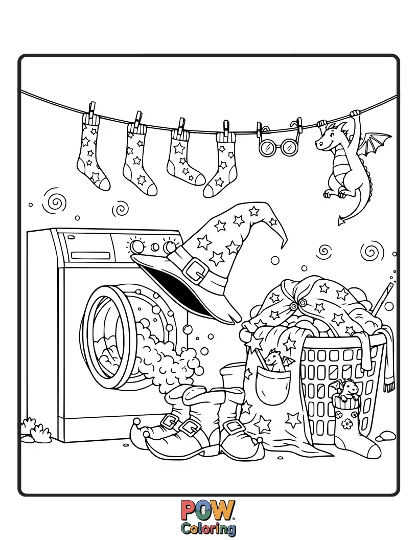Free coloring page of A wizard’s robes and hat are floating around, magically folding themselves. He's just relaxing with a cup of tea.