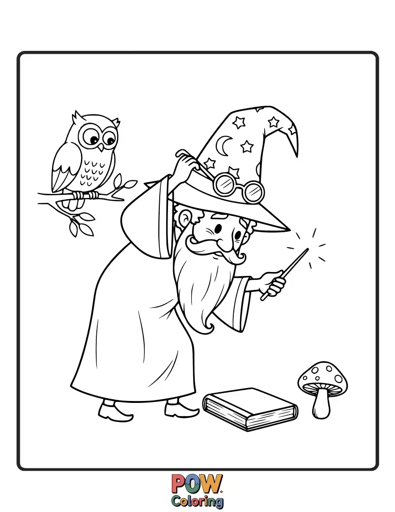 Free coloring page of A wizard is searching for his glasses, which are magically hovering just out of his reach.