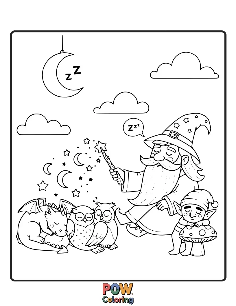 Free coloring page of A grumpy wizard is trying to cast a spell, but his eyes are drooping shut. His spellbook is upside down!