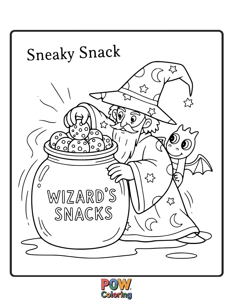Free coloring page of A wizard is trying to sneak a cookie from a magically levitating plate, looking very guilty.