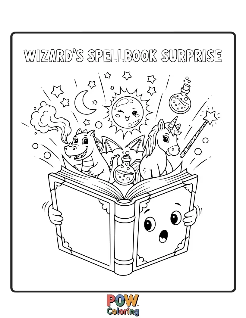 Free coloring page of A wizard opens his spellbook to reveal a friendly face winking back at him from the pages.