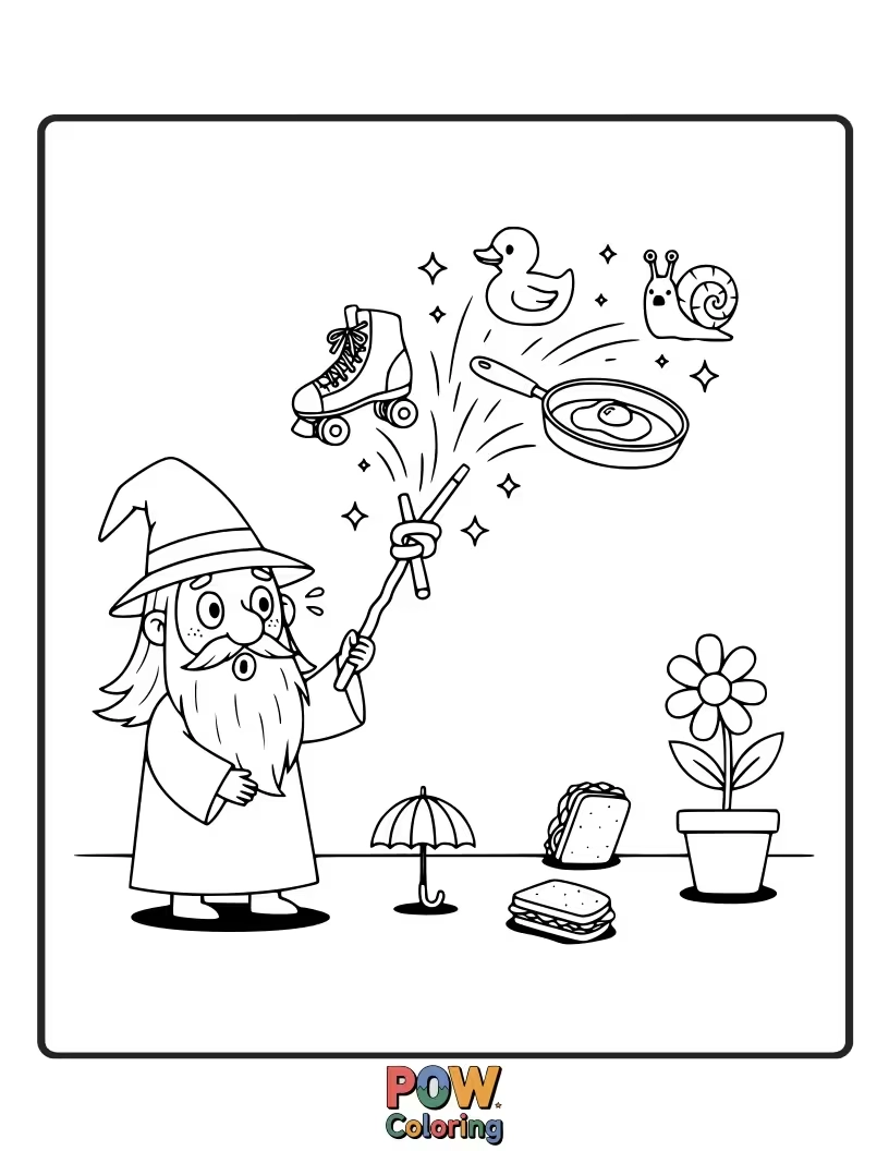 Free coloring page of A wizard accidentally conjures a giant rubber duck instead of a magnificent dragon. He looks utterly bewildered.