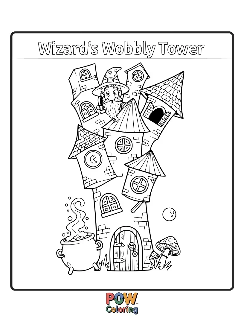 Free coloring page of A wizard is attempting to build a tower of magical orbs, but it's leaning precariously.