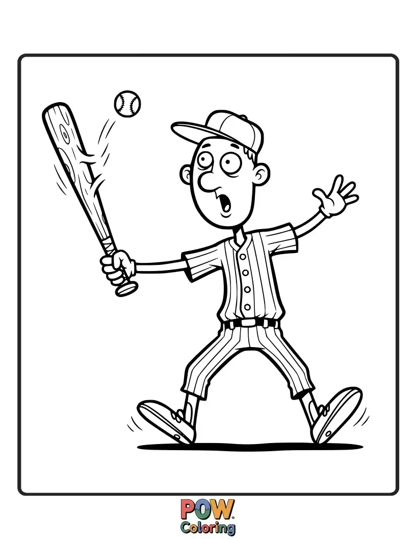 Free coloring page of A slightly clumsy but enthusiastic player with oversized shoes and a wobbly stance, attempting to catch a bouncy baseball that's almost out of reach.