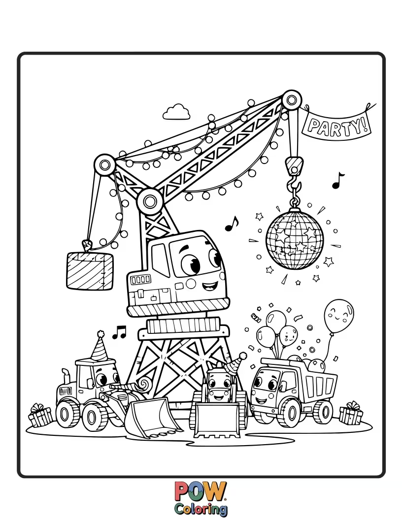 Free coloring page of A fun, slightly unsteady crane decorated with balloons at a construction party.