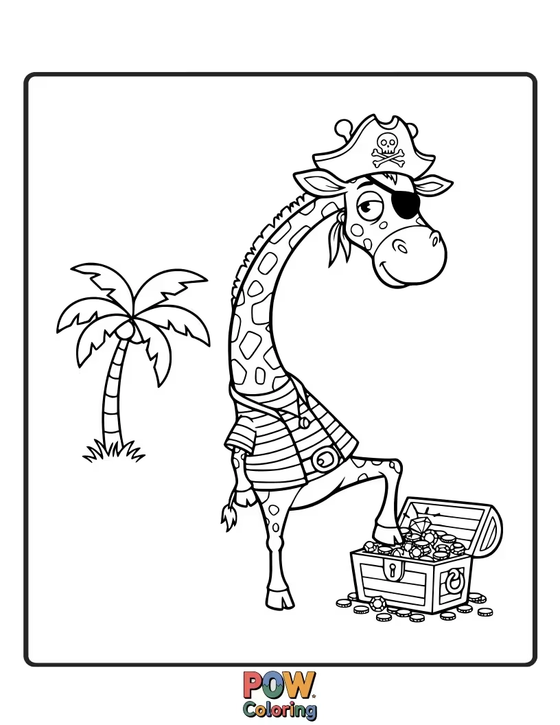 Free coloring page of A long-necked pirate giraffe trying to explore treasure chest.