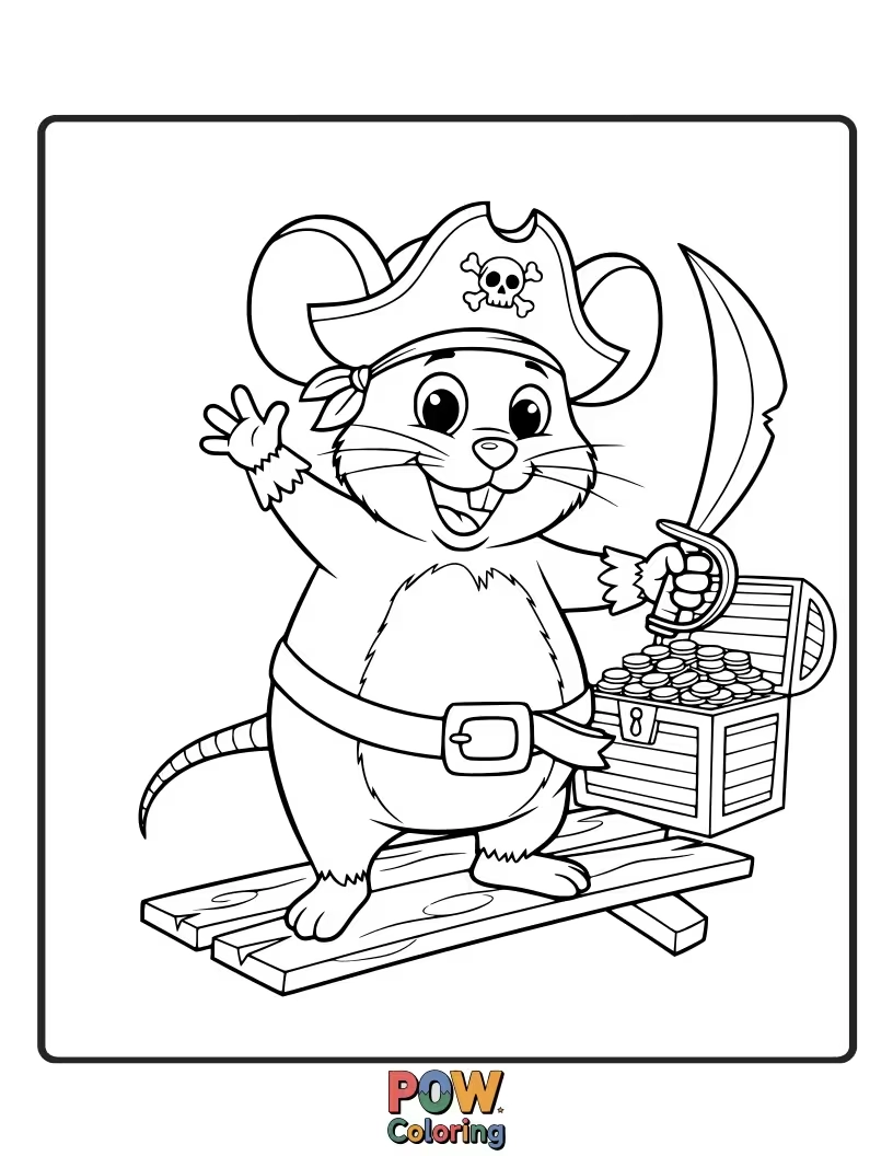 Free coloring page of A tiny, determined mouse pirate with a large eyepatch, trying to steer a walnut-shell ship.