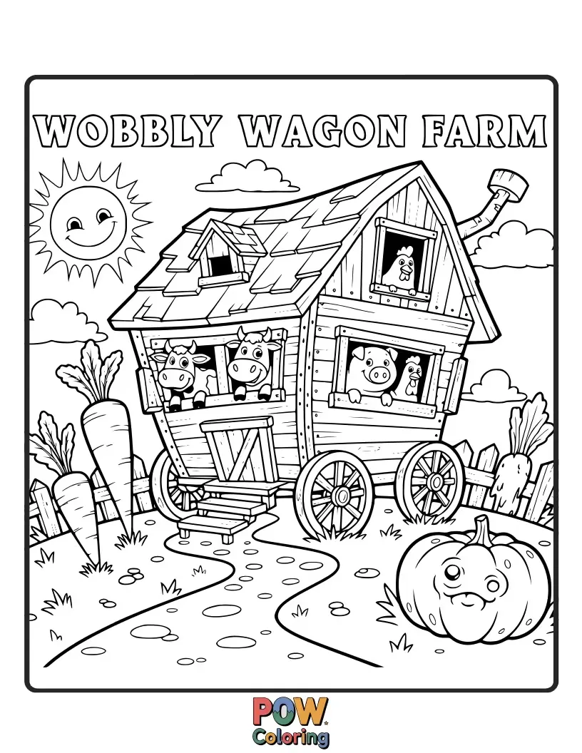 Free coloring page of A comical farm scene with animals struggling to pull a wobbly, overloaded wagon.