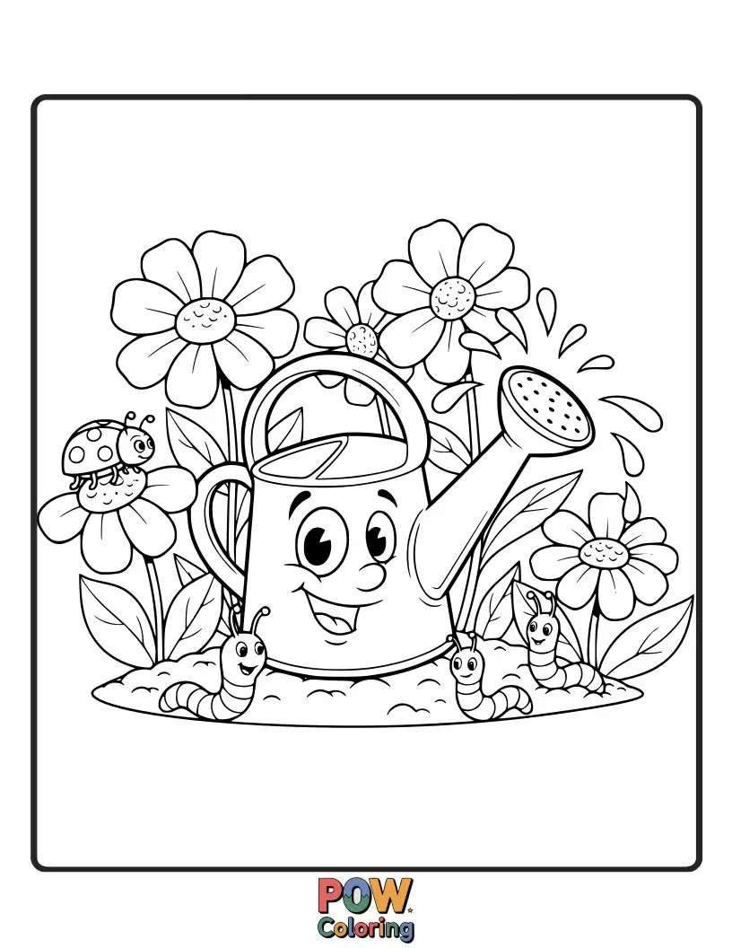Free coloring page of A slightly tipsy watering can happily spilling colorful water onto a patch of giggling, dancing flowers.
