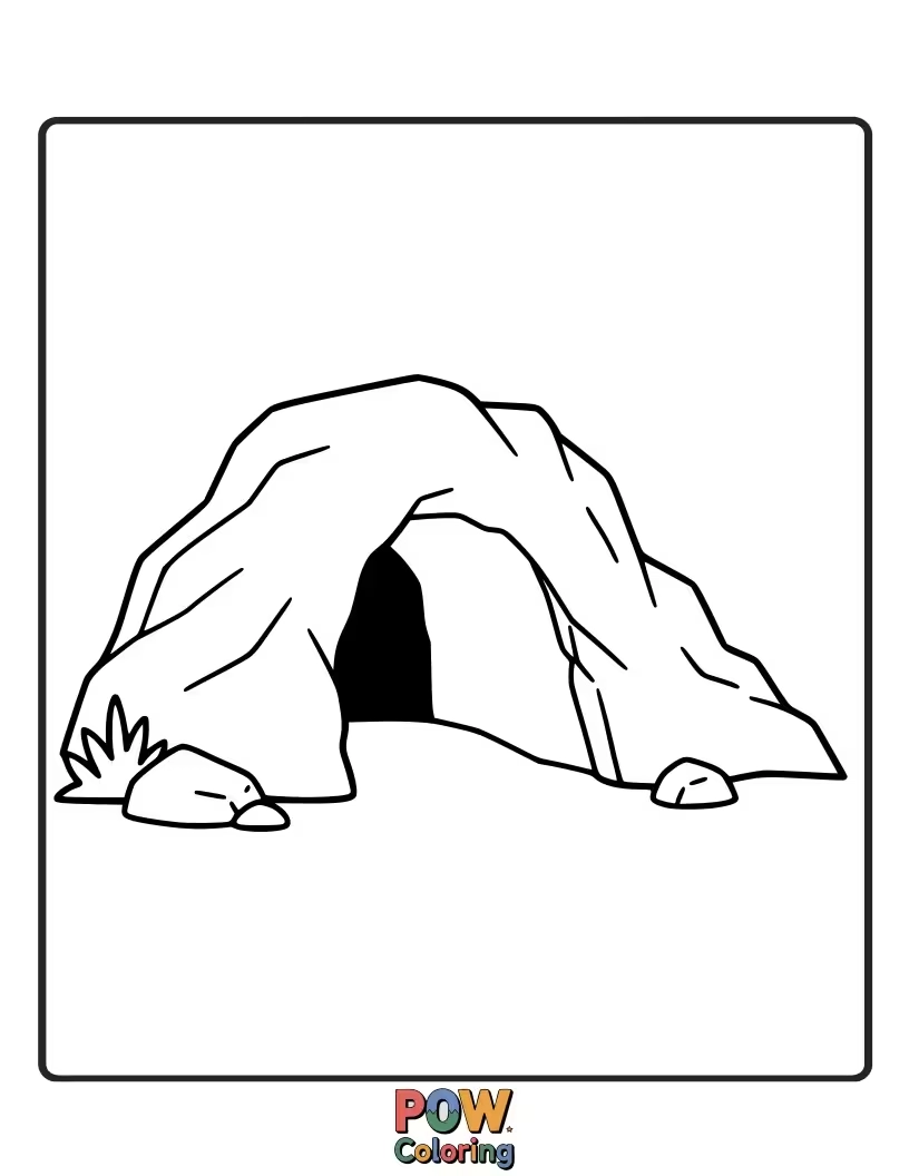 Free coloring page of The opening of a wolf's den, with a curious wolf peeking out into the world.