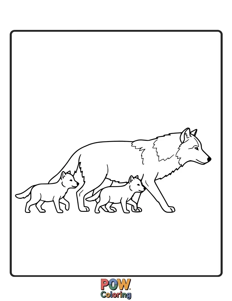 Free coloring page of A wolf family is depicted walking in a line, each member distinct and charming.