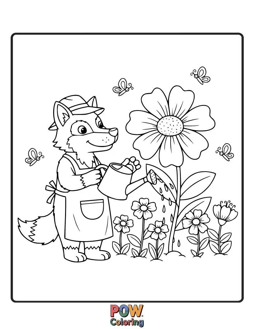 Free coloring page of A gentle wolf tends to a garden of oversized, whimsical flowers, trowel in paw.