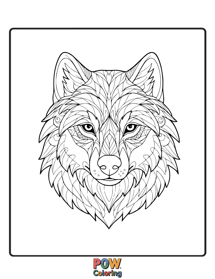 Free coloring page of A wolf's head integrated into a circular mandala design, offering intricate coloring opportunities.