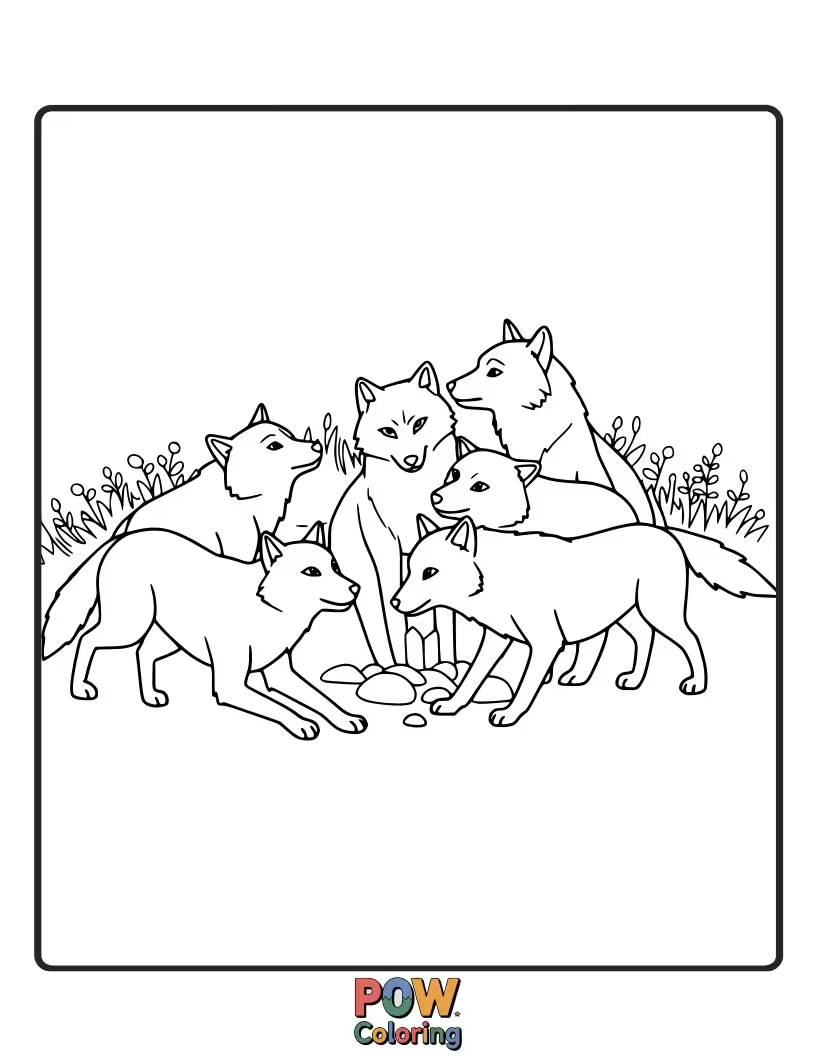 Free coloring page of A family of wolves huddles together in a cozy den, sharing warmth and companionship.