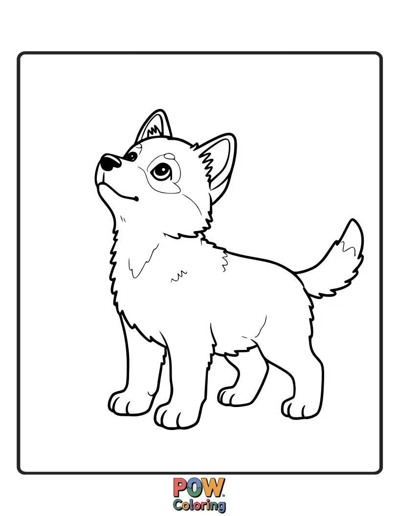 Free coloring page of A curious wolf pup peeking out from behind a bush, its eyes wide with wonder.