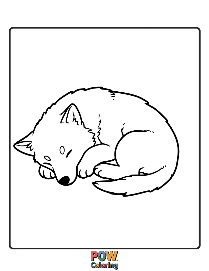Free coloring page of An incredibly cute and peaceful wolf pup curled up for a nap, a sweet image to color.