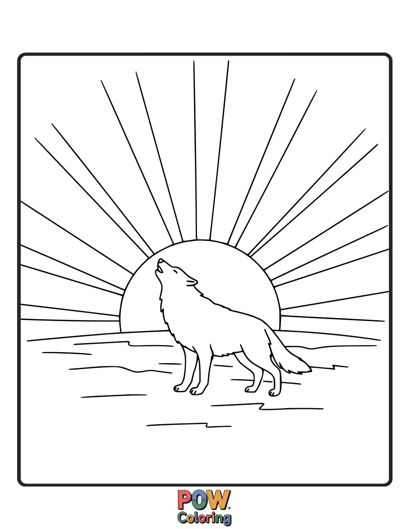 Free coloring page of A striking silhouette of a wolf against a breathtaking sunset, casting long shadows.