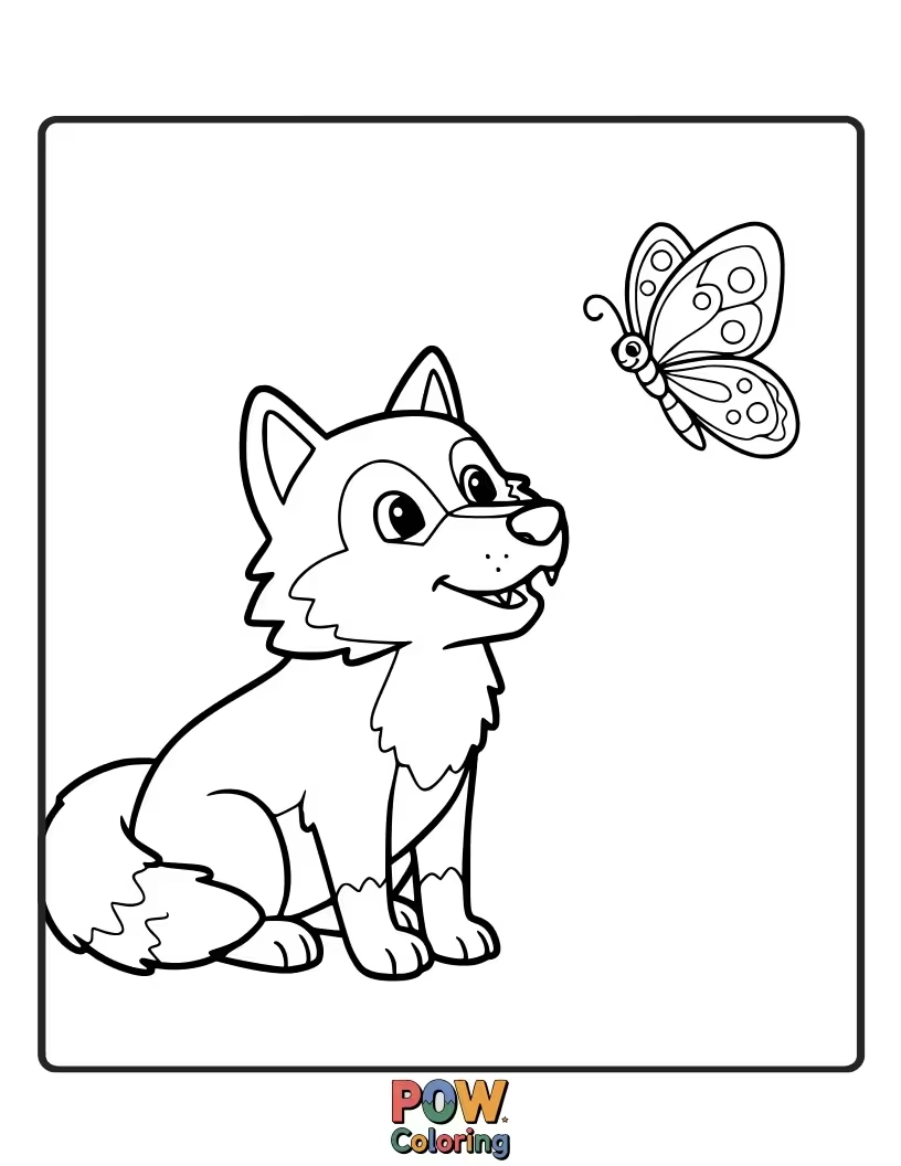 Free coloring page of A gentle wolf curiously observing a delicate butterfly fluttering nearby in a meadow.
