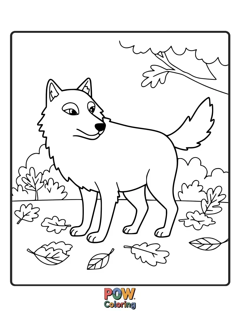 Free coloring page of A wolf blends into a vibrant autumn forest, with colorful leaves falling around it.