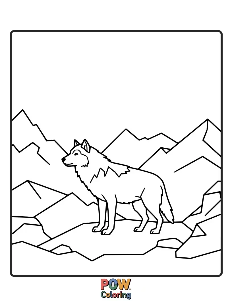 Free coloring page of A powerful wolf surveys its mountainous domain from a high peak, with rugged cliffs.