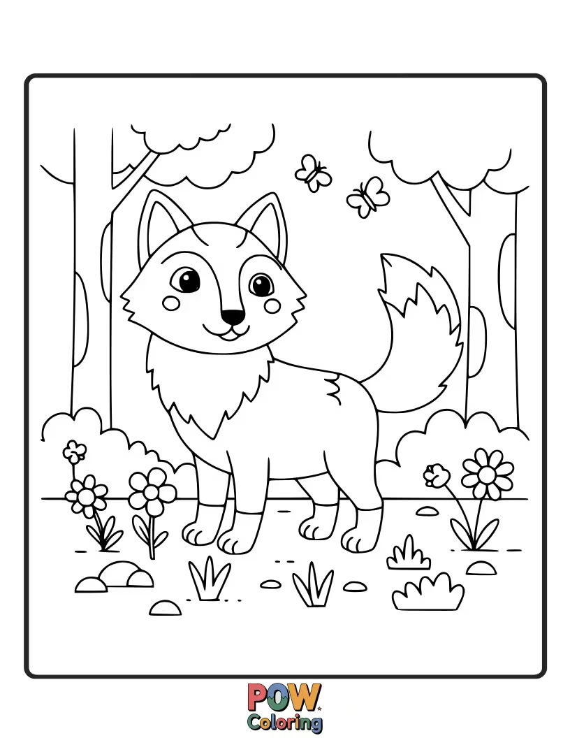 Free coloring page of A wolf interacting harmoniously with elements of nature, like flowers, trees, and streams.